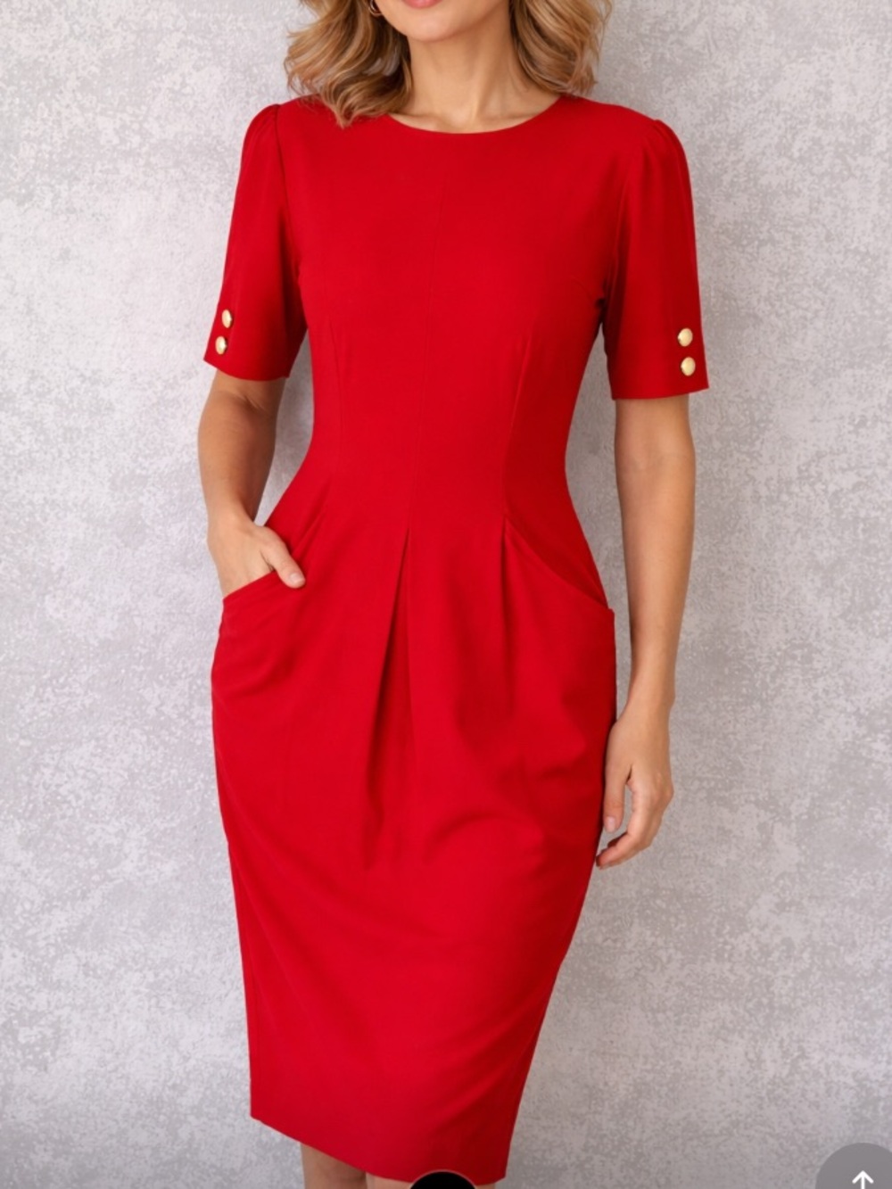 Vintageβ Claiborne Red Midi Dress Gold Button Sleeves Pockets Pleats Classic